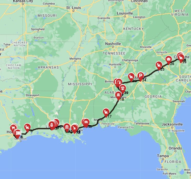 Map for Houston to Charlotte